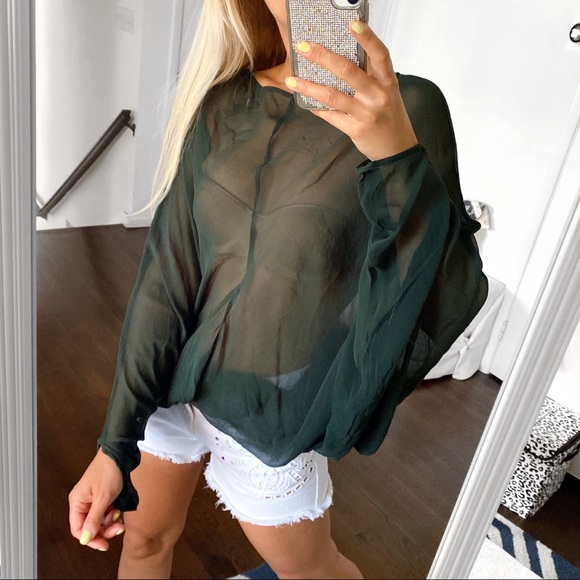 π² SEE BY CHLOE FOREST GREEN SHEER LOOSE BAGGY FIT SILK BLOUSE! - Picture 7 of 10